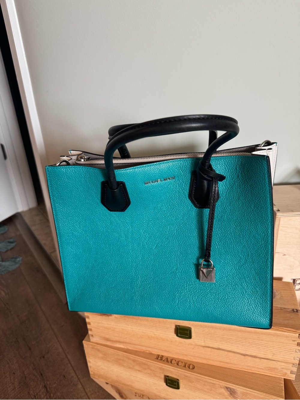 Michael Kors Teal and Black Leather Top-Handle Satchel